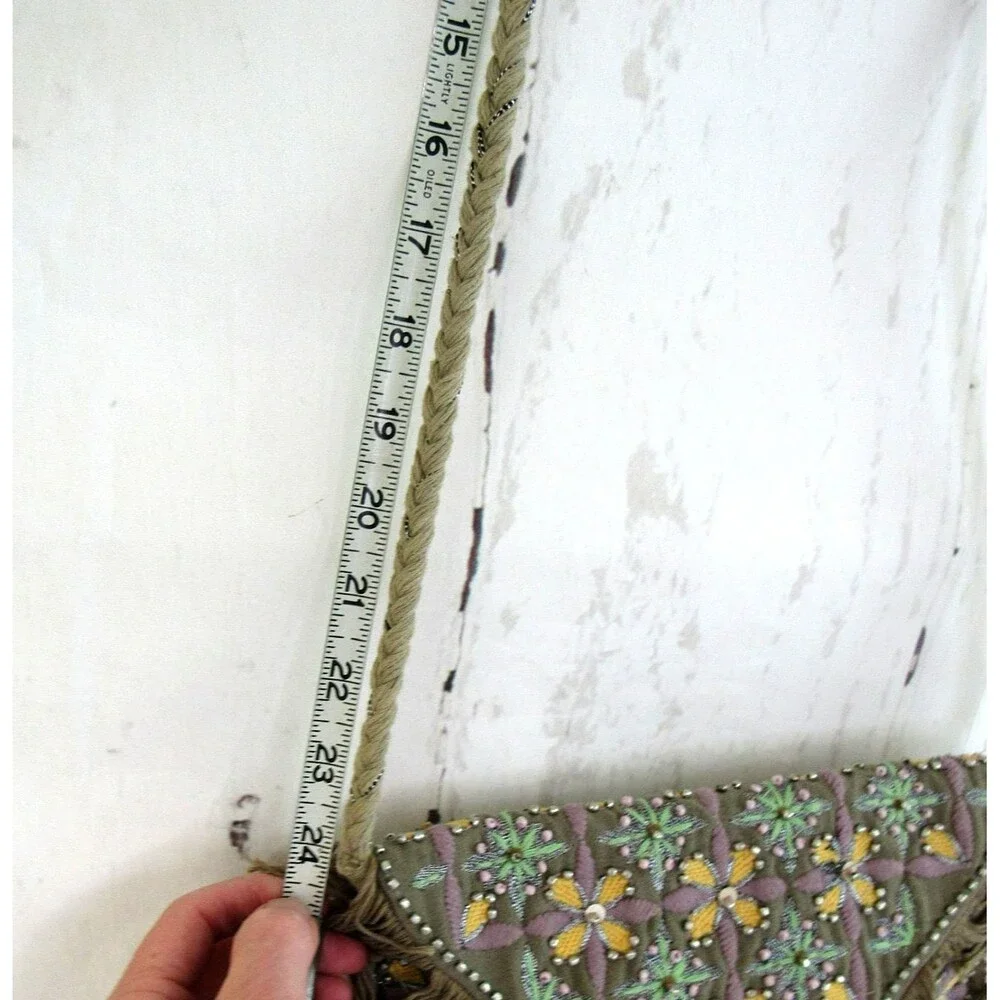 Embroidered And Beaded Tan Crossbody Bag Fringe Made in India 70's Inspired Boho - Picture 5 of 10
